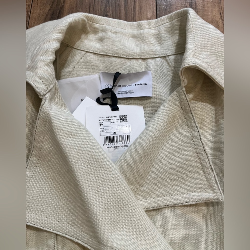 MANGO x VICTORIA BECKHAM 100% Linen Beige Tie-Waist Cropped Trench Jacket M - Picture 12 of 16